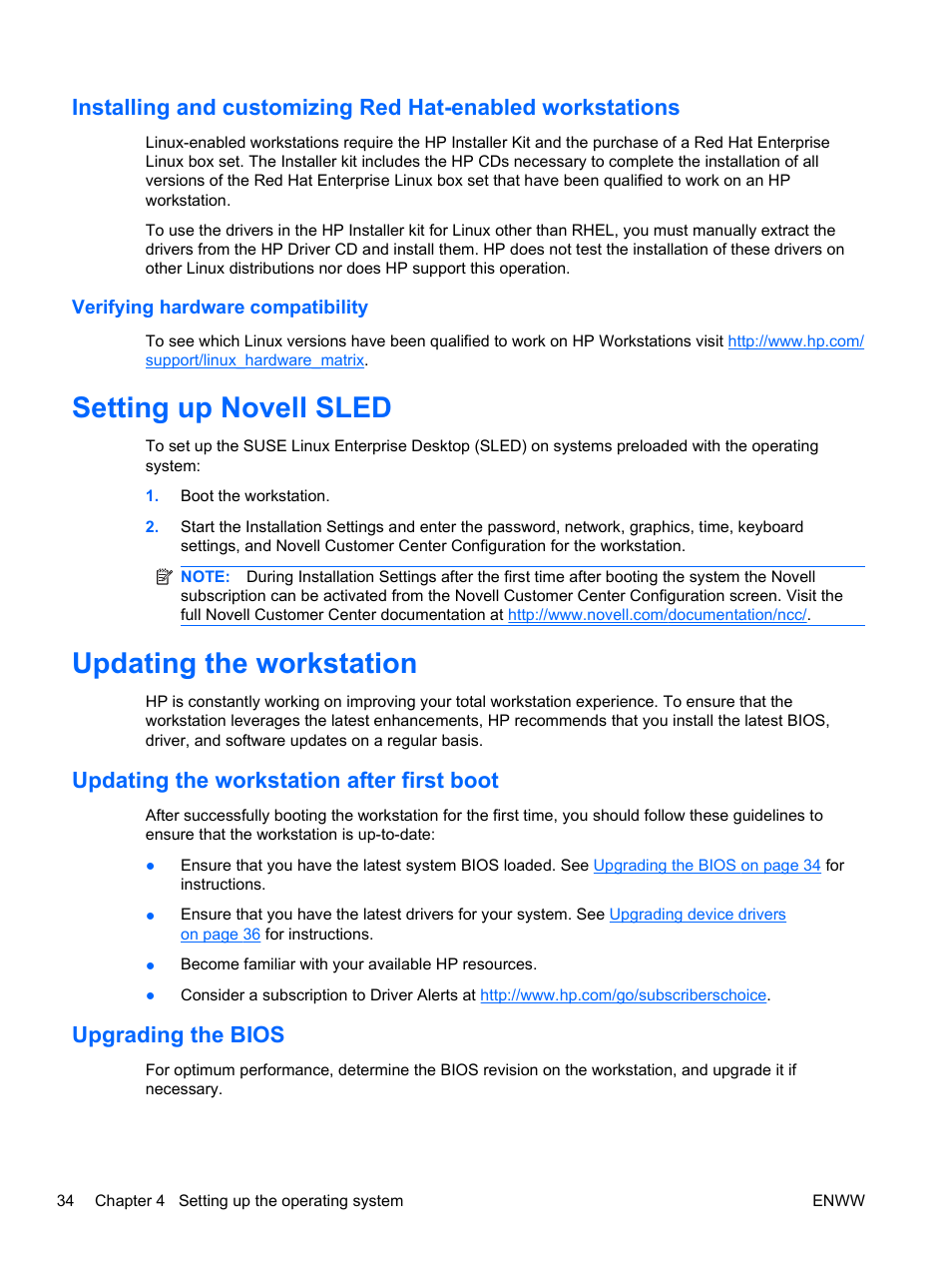 Verifying hardware compatibility, Setting up novell sled, Updating the workstation | Updating the workstation after first boot, Upgrading the bios, Setting up novell sled updating the workstation | HP Z400 Workstation User Manual | Page 42 / 76