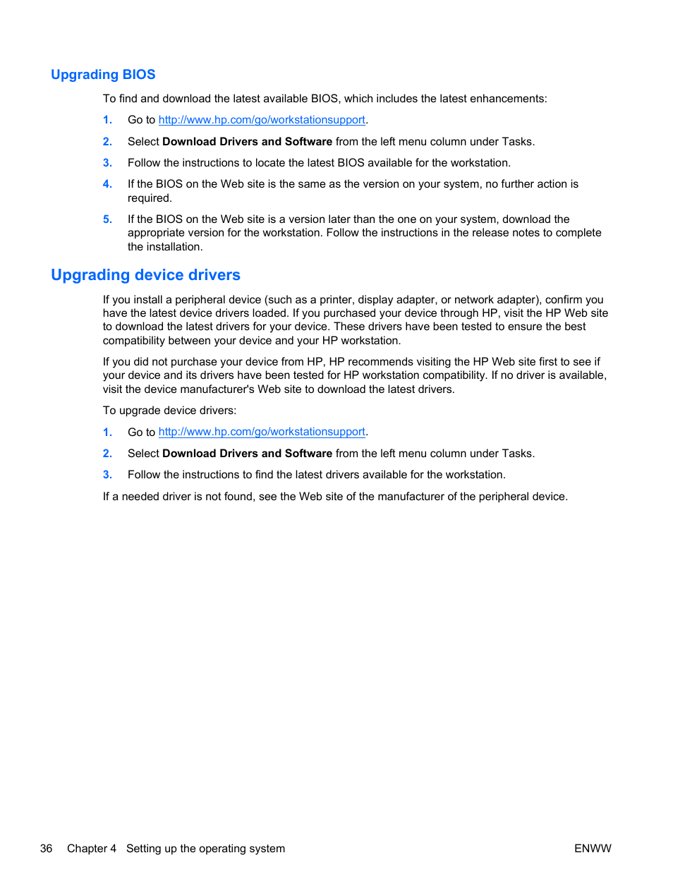 Upgrading bios, Upgrading device drivers | HP Z400 Workstation User Manual | Page 44 / 76