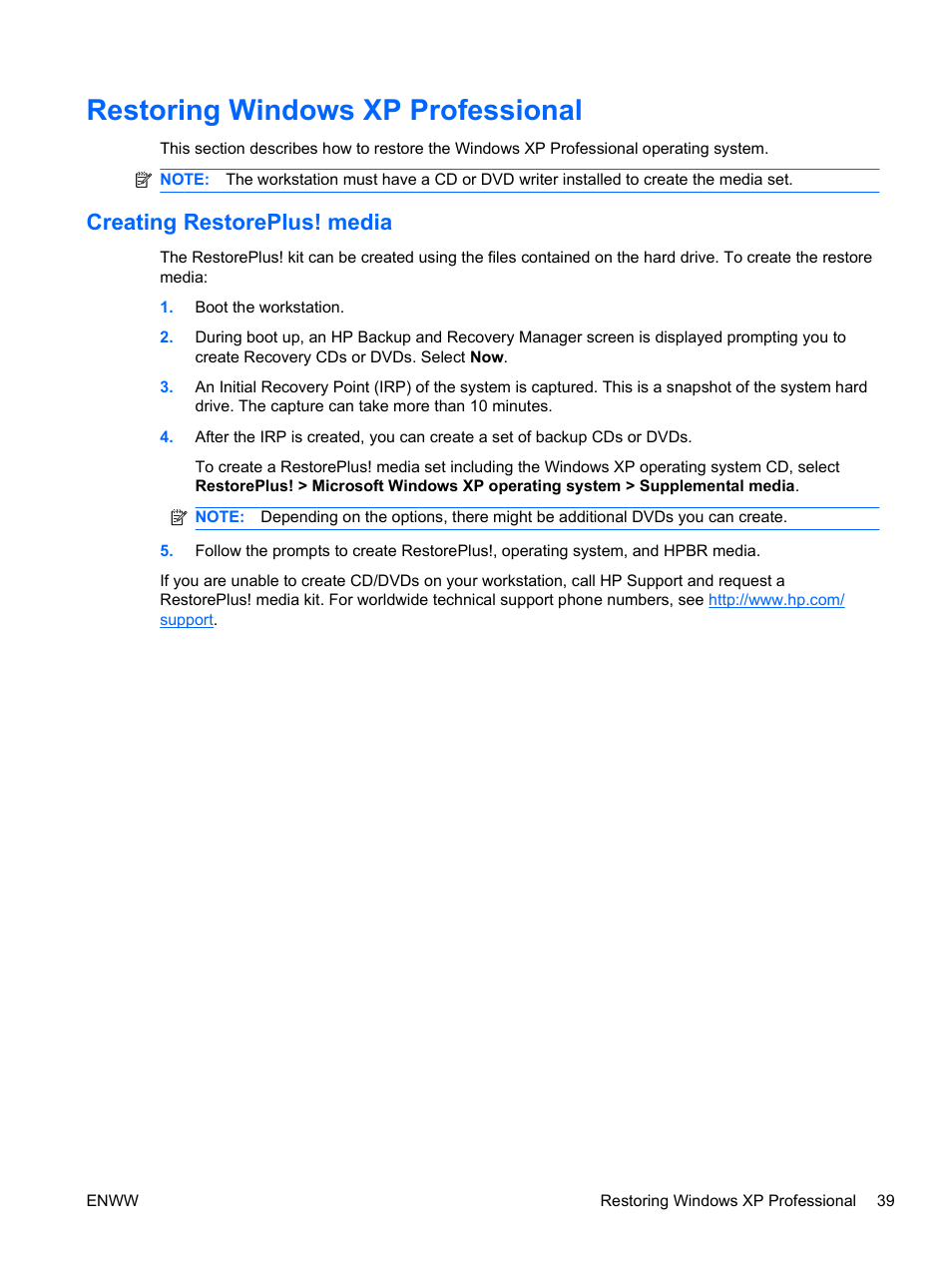 Restoring windows xp professional, Creating restoreplus! media | HP Z400 Workstation User Manual | Page 47 / 76