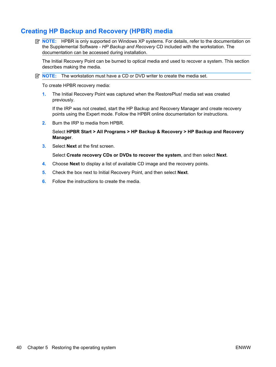 Creating hp backup and recovery (hpbr) media | HP Z400 Workstation User Manual | Page 48 / 76