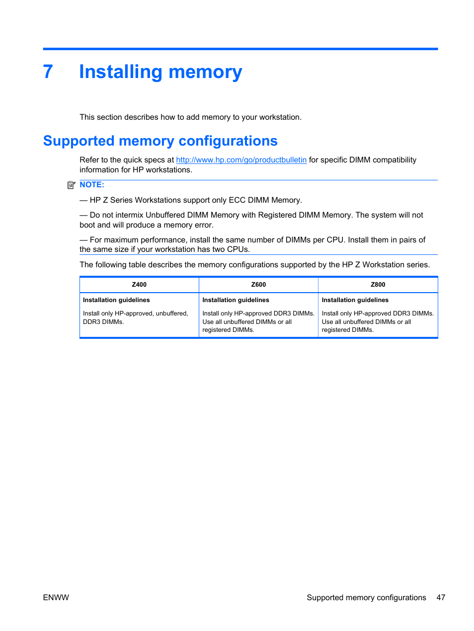 Installing memory, Supported memory configurations, 7 installing memory | HP Z400 Workstation User Manual | Page 55 / 76