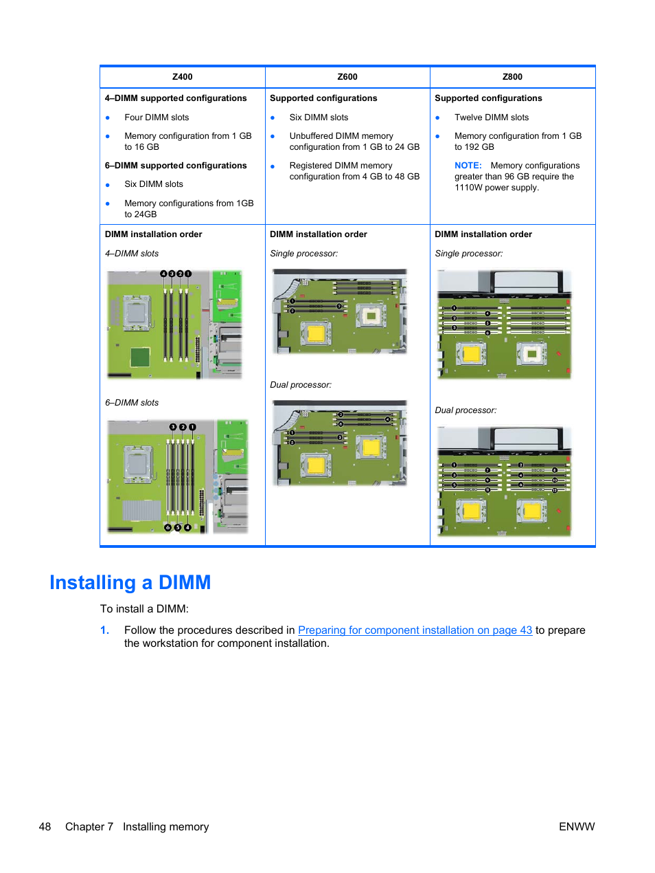 Installing a dimm | HP Z400 Workstation User Manual | Page 56 / 76