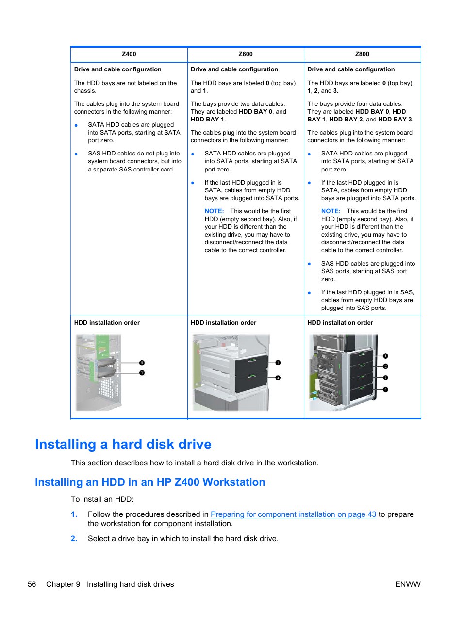 Installing a hard disk drive, Installing an hdd in an hp z400 workstation | HP Z400 Workstation User Manual | Page 64 / 76