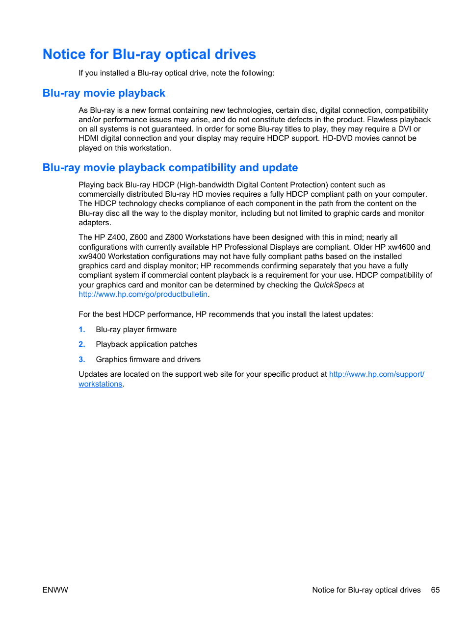 Notice for blu-ray optical drives, Blu-ray movie playback, Blu-ray movie playback compatibility and update | HP Z400 Workstation User Manual | Page 73 / 76