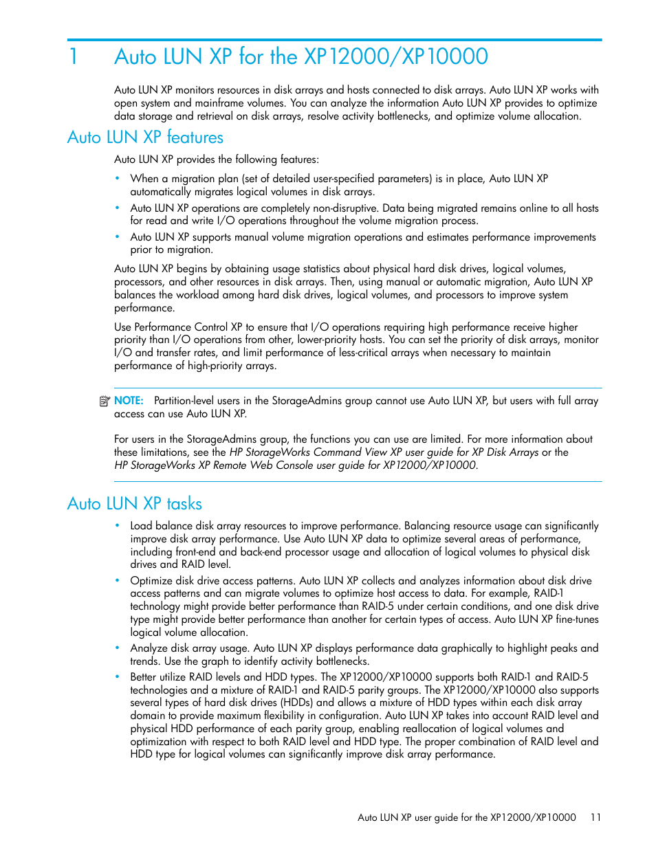 Auto lun xp for the xp12000/xp10000, Auto lun xp features, Auto lun xp tasks | 1 auto lun xp for the xp12000/xp10000 | HP XP Auto LUN Software User Manual | Page 11 / 65