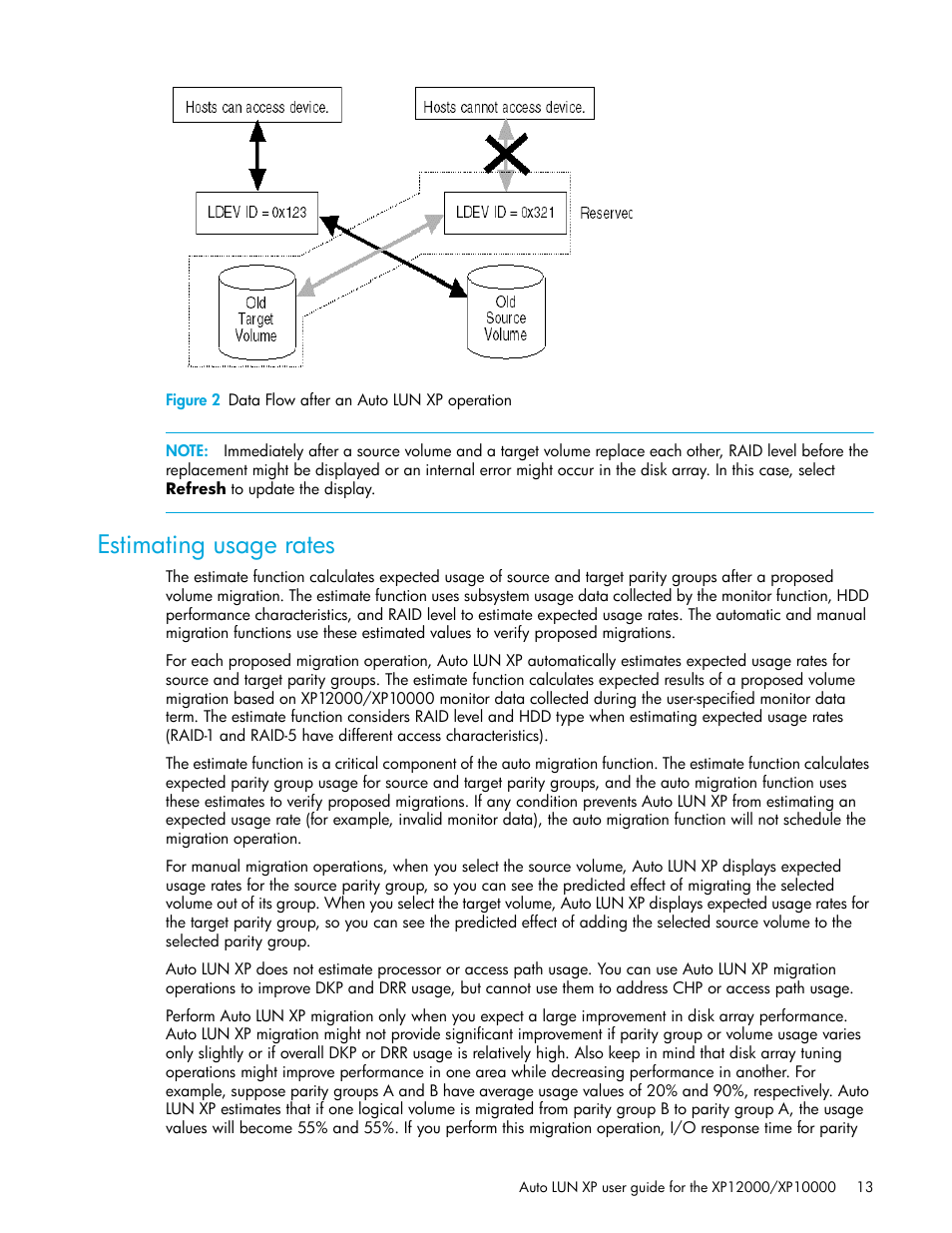 Figure 2 data flow after an auto lun xp operation, Estimating usage rates, 2 data flow after an auto lun xp operation | HP XP Auto LUN Software User Manual | Page 13 / 65