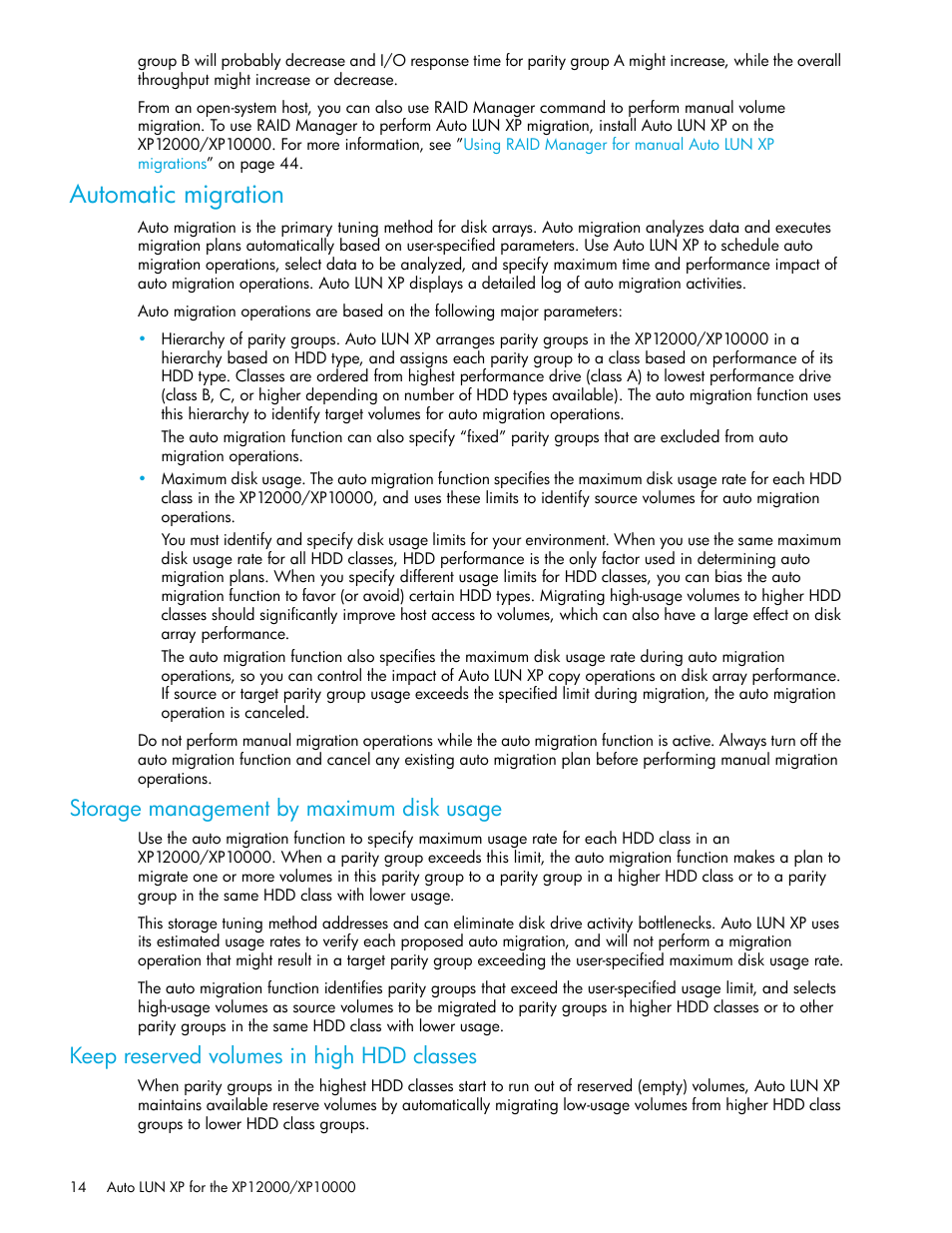 Automatic migration, Storage management by maximum disk usage, Keep reserved volumes in high hdd classes | HP XP Auto LUN Software User Manual | Page 14 / 65