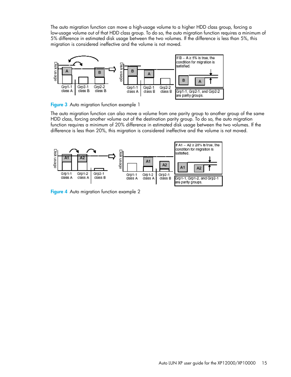 Figure 3 auto migration function example 1, Figure 4 auto migration function example 2, 3 auto migration function example 1 | 4 auto migration function example 2 | HP XP Auto LUN Software User Manual | Page 15 / 65