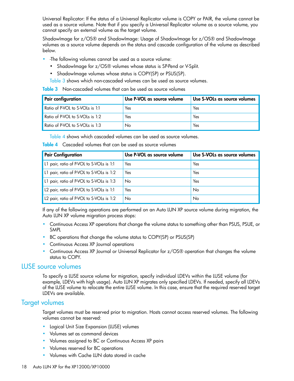 Luse source volumes, Target volumes | HP XP Auto LUN Software User Manual | Page 18 / 65