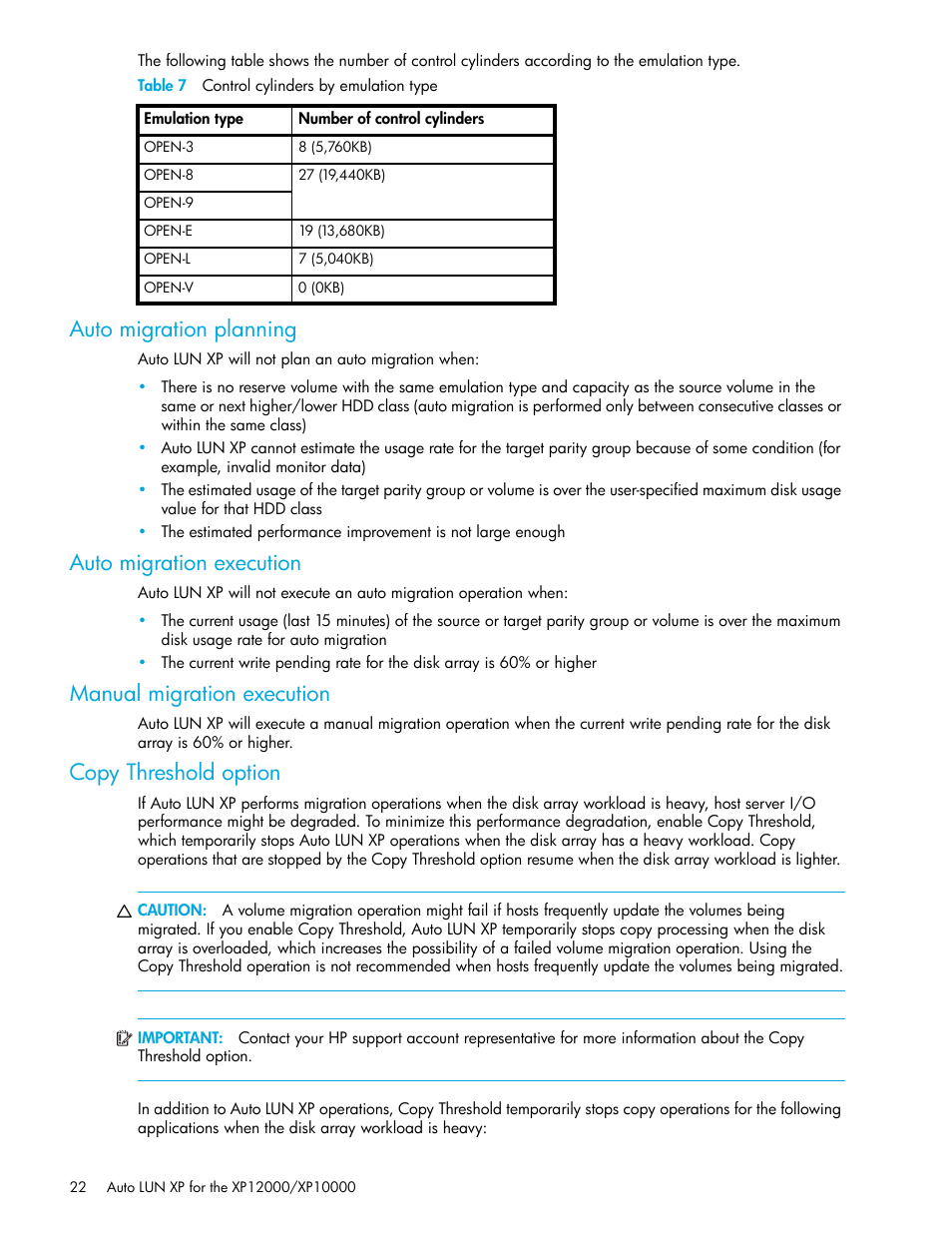 Table 7 control cylinders by emulation type, Auto migration planning, Auto migration execution | Manual migration execution, Copy threshold option, 7 control cylinders by emulation type, Table 7 | HP XP Auto LUN Software User Manual | Page 22 / 65