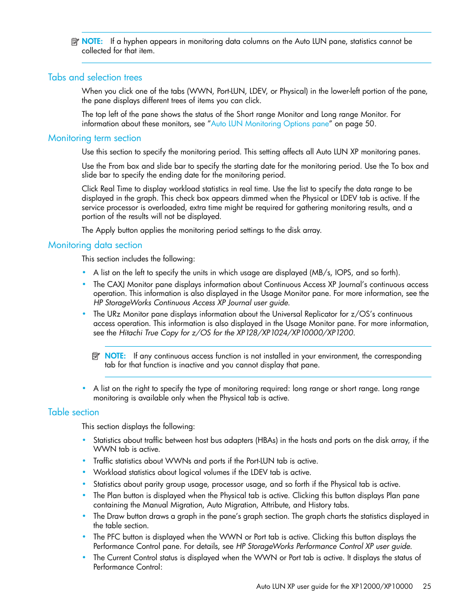 Tabs and selection trees, Monitoring term section, Monitoring data section | Table section | HP XP Auto LUN Software User Manual | Page 25 / 65