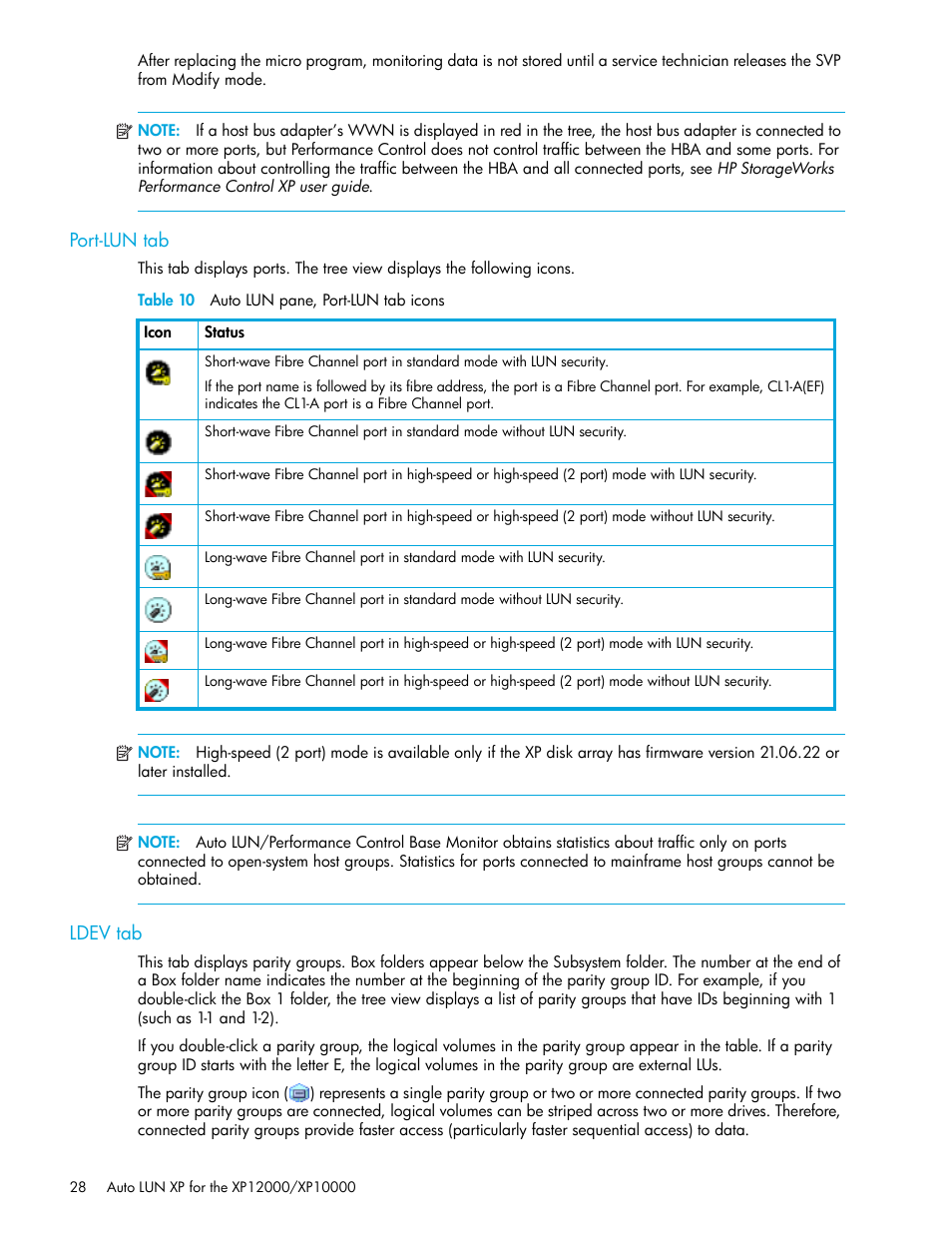 Port-lun tab, Table 10 auto lun pane, port-lun tab icons, Ldev tab | 10 auto lun pane, port-lun tab icons | HP XP Auto LUN Software User Manual | Page 28 / 65