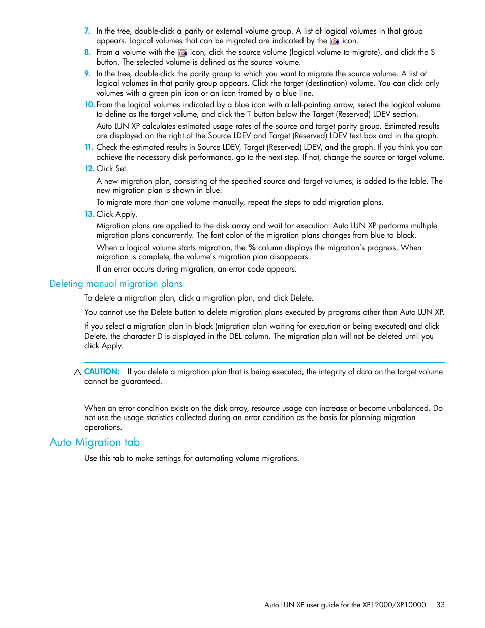 Deleting manual migration plans, Auto migration tab | HP XP Auto LUN Software User Manual | Page 33 / 65