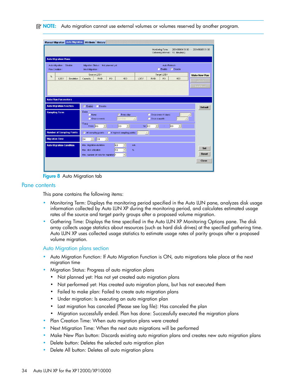 Figure 8 auto migration tab, Pane contents, Auto migration plans section | 8 auto migration tab | HP XP Auto LUN Software User Manual | Page 34 / 65