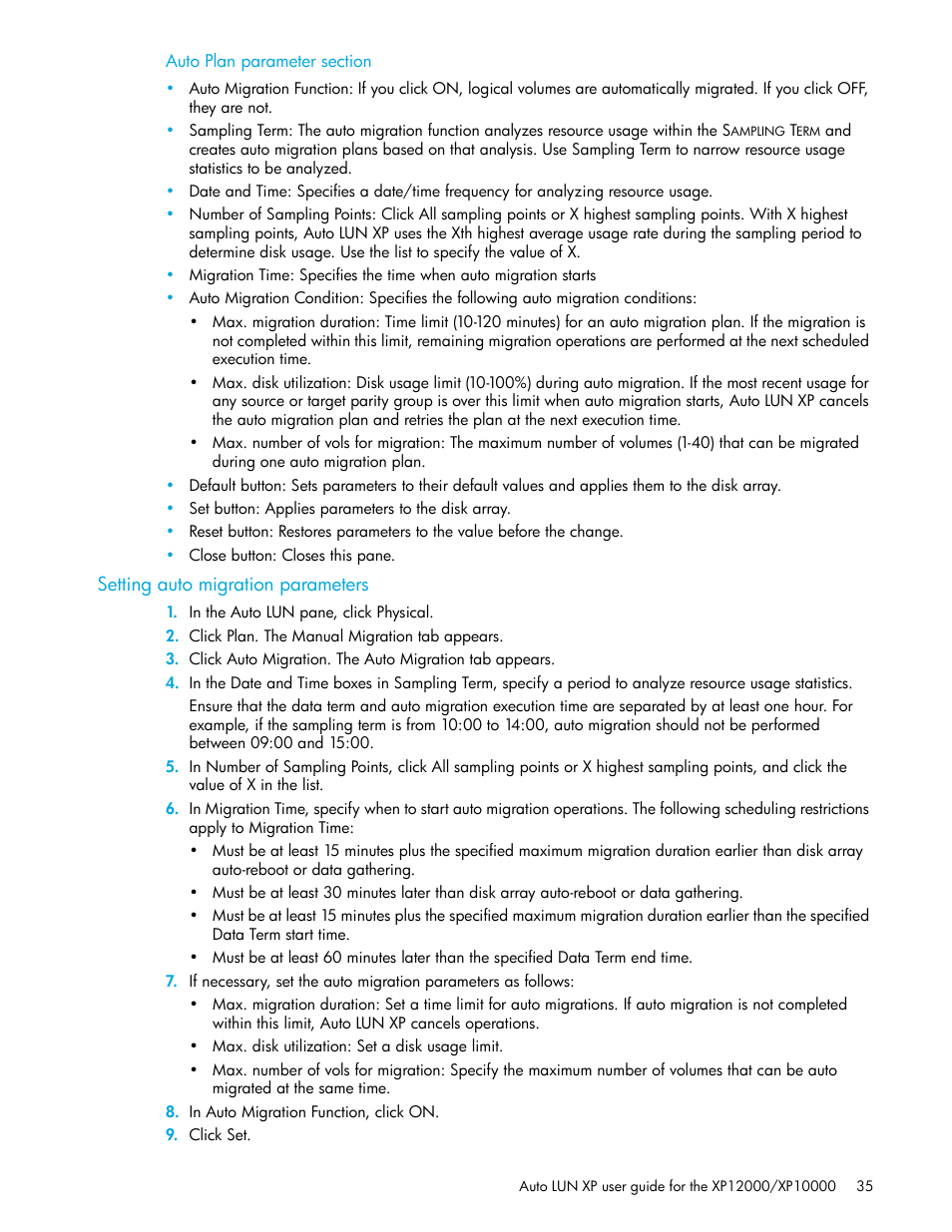 Auto plan parameter section, Setting auto migration parameters | HP XP Auto LUN Software User Manual | Page 35 / 65