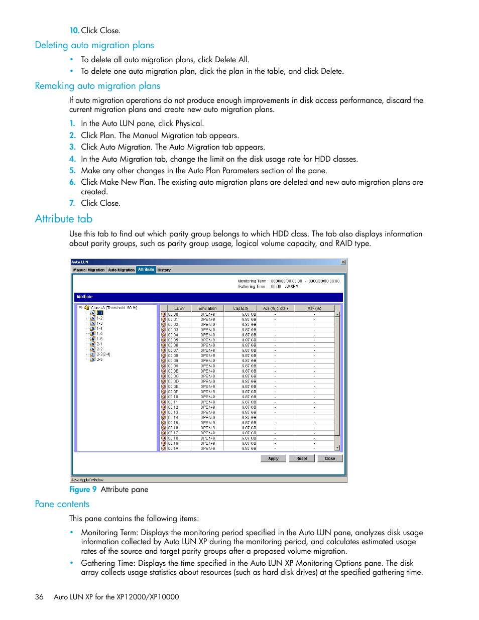 Deleting auto migration plans, Remaking auto migration plans, Attribute tab | Figure 9 attribute pane, Pane contents, 9 attribute pane | HP XP Auto LUN Software User Manual | Page 36 / 65