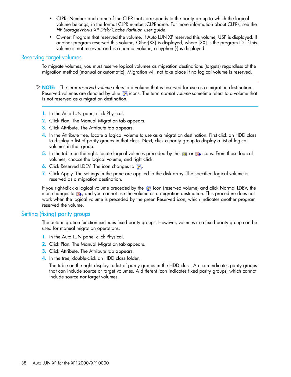 Reserving target volumes, Setting (fixing) parity groups | HP XP Auto LUN Software User Manual | Page 38 / 65