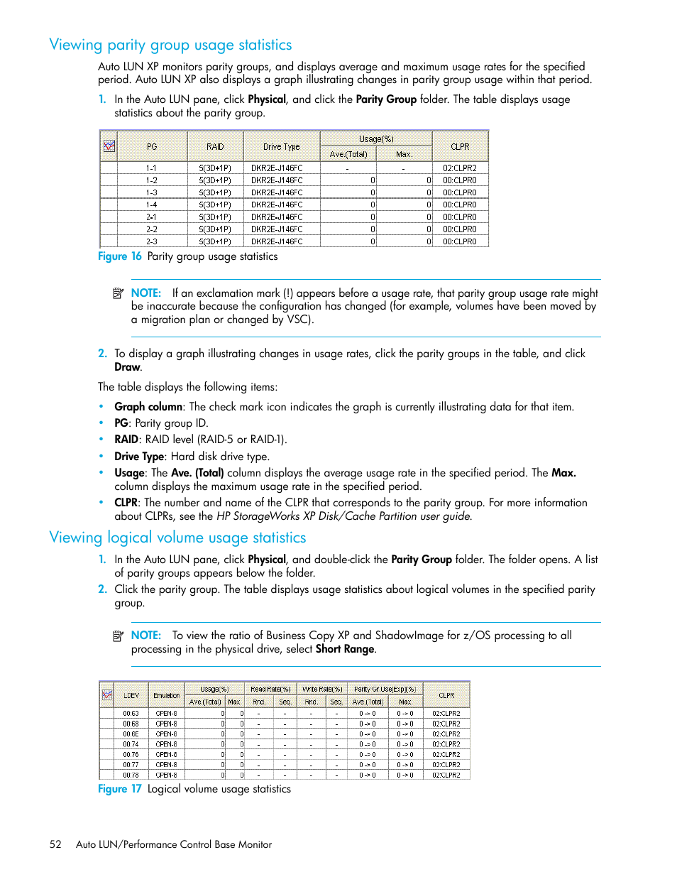 Viewing parity group usage statistics, Figure 16 parity group usage statistics, Viewing logical volume usage statistics | Figure 17 logical volume usage statistics, 16 parity group usage statistics, 17 logical volume usage statistics | HP XP Auto LUN Software User Manual | Page 52 / 65