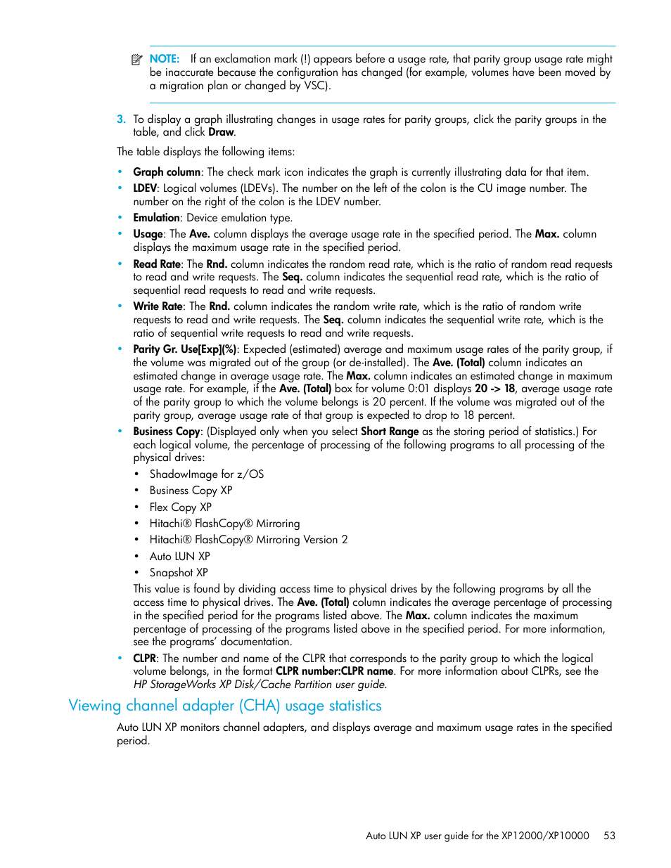 Viewing channel adapter (cha) usage statistics | HP XP Auto LUN Software User Manual | Page 53 / 65