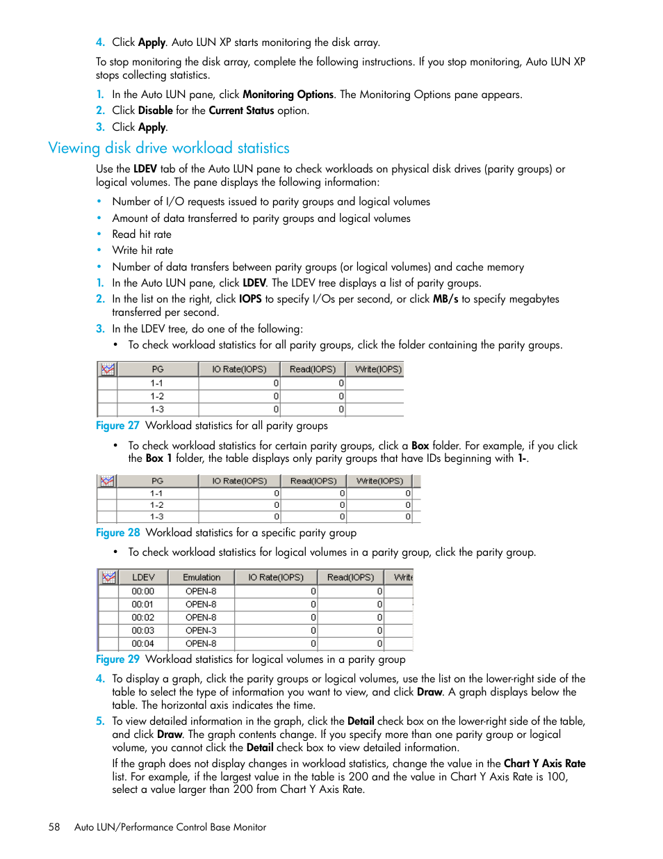 Viewing disk drive workload statistics, 27 workload statistics for all parity groups, 28 workload statistics for a specific parity group | HP XP Auto LUN Software User Manual | Page 58 / 65