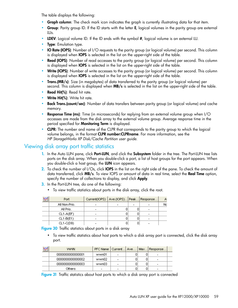 Viewing disk array port traffic statistics, 30 traffic statistics about ports in a disk array | HP XP Auto LUN Software User Manual | Page 59 / 65