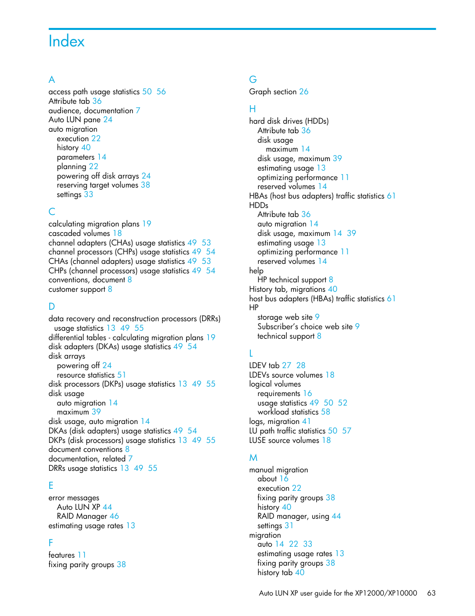 Index | HP XP Auto LUN Software User Manual | Page 63 / 65