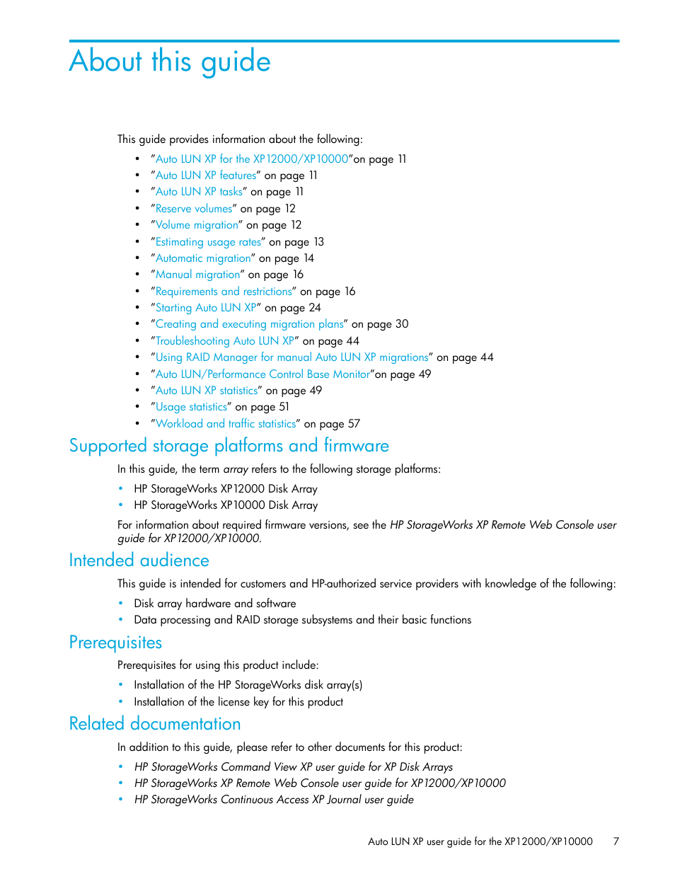 Supported storage platforms and firmware, Intended audience, Prerequisites | Related documentation, About this guide | HP XP Auto LUN Software User Manual | Page 7 / 65