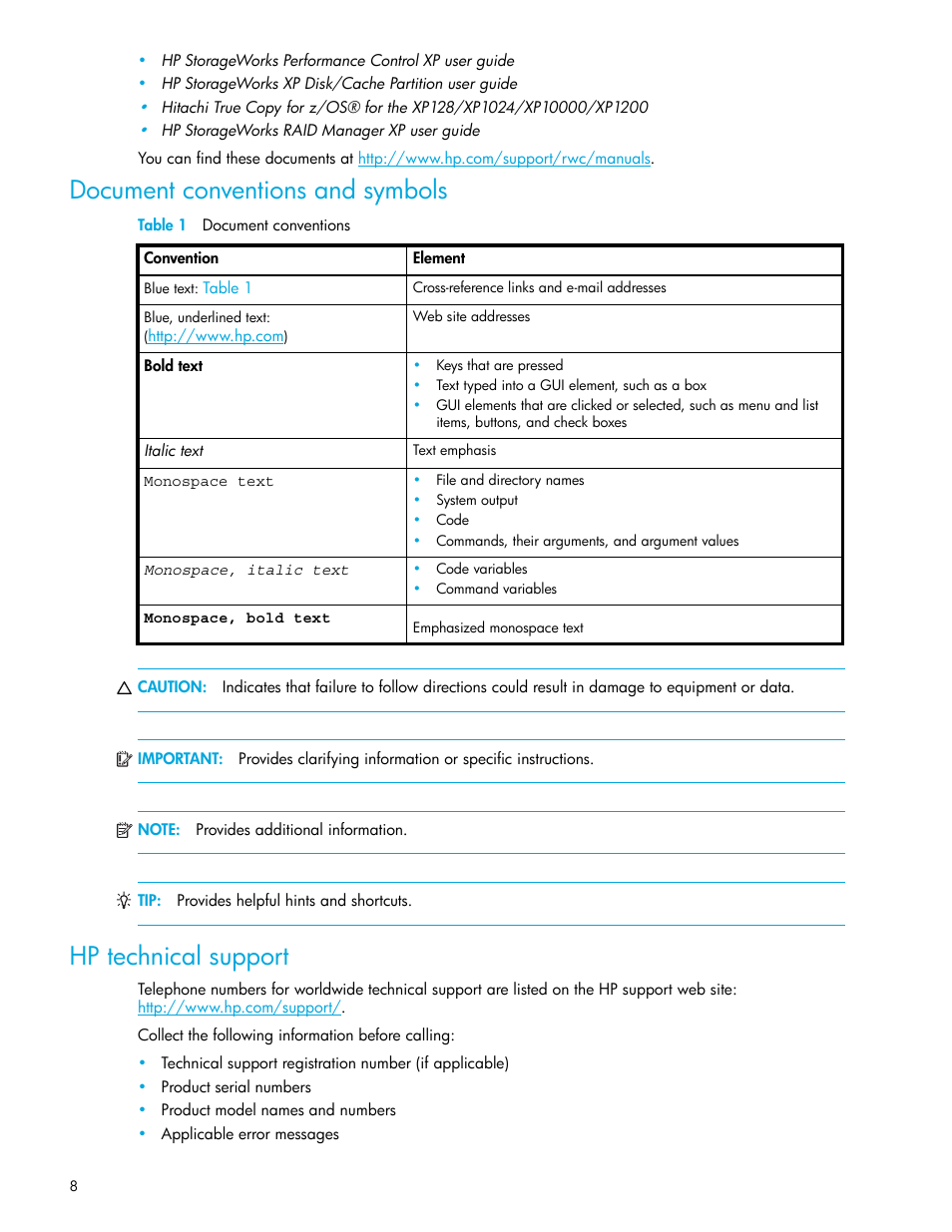 Document conventions and symbols, Table 1 document conventions, Hp technical support | 1 document conventions | HP XP Auto LUN Software User Manual | Page 8 / 65
