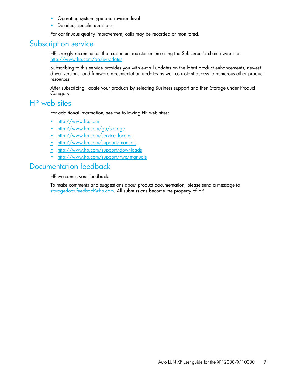 Subscription service, Hp web sites, Documentation feedback | HP XP Auto LUN Software User Manual | Page 9 / 65