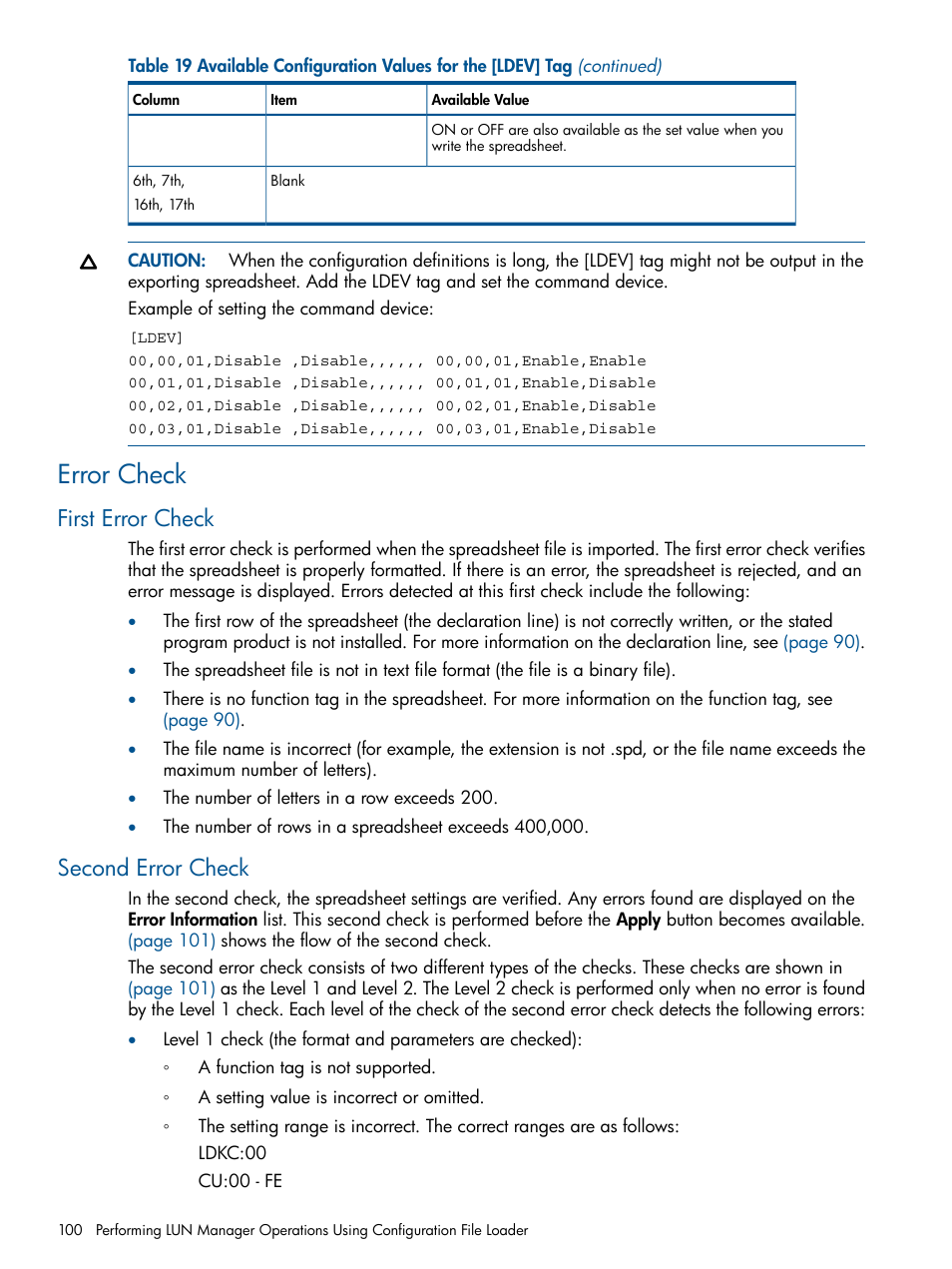 Error check, First error check, Second error check | First error check second error check | HP StorageWorks XP Remote Web Console Software User Manual | Page 100 / 108