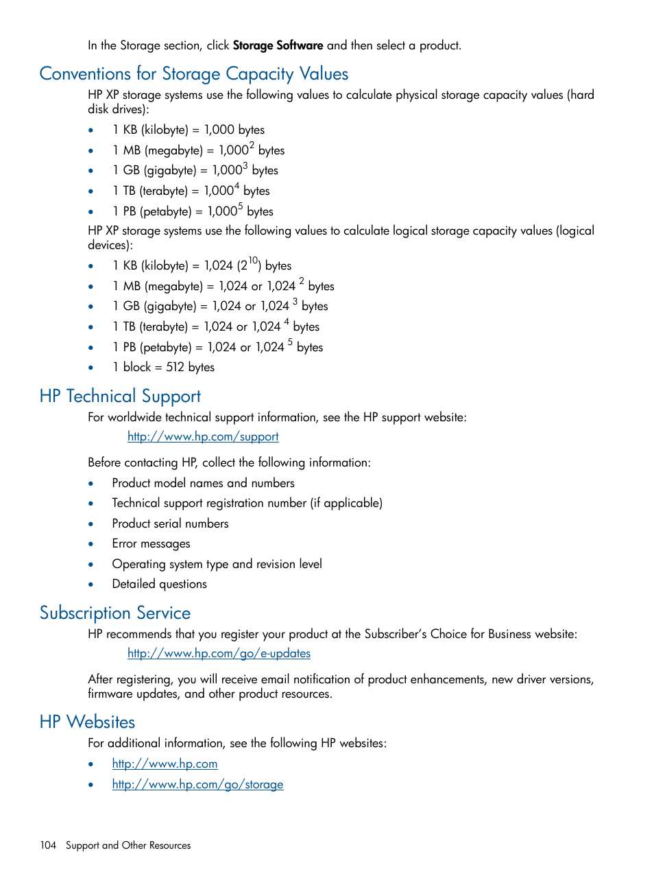 Conventions for storage capacity values, Hp technical support, Subscription service | Hp websites | HP StorageWorks XP Remote Web Console Software User Manual | Page 104 / 108