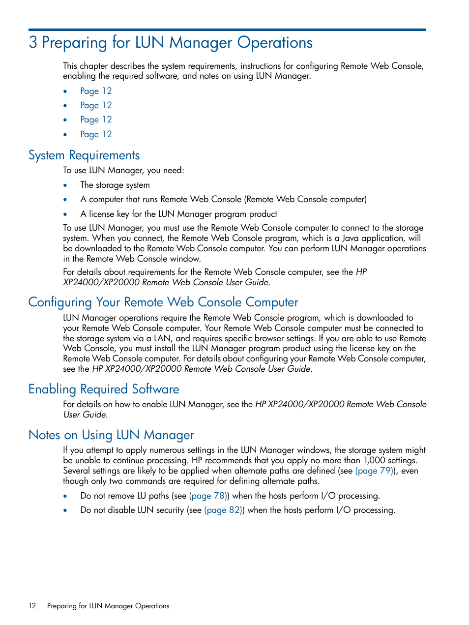 3 preparing for lun manager operations, System requirements, Configuring your remote web console computer | Enabling required software, Notes on using lun manager | HP StorageWorks XP Remote Web Console Software User Manual | Page 12 / 108