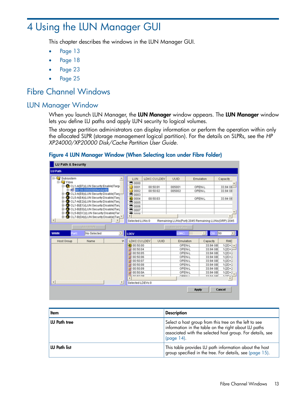 4 using the lun manager gui, Fibre channel windows, Lun manager window | HP StorageWorks XP Remote Web Console Software User Manual | Page 13 / 108