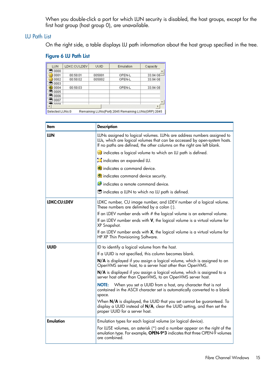 Lu path list | HP StorageWorks XP Remote Web Console Software User Manual | Page 15 / 108