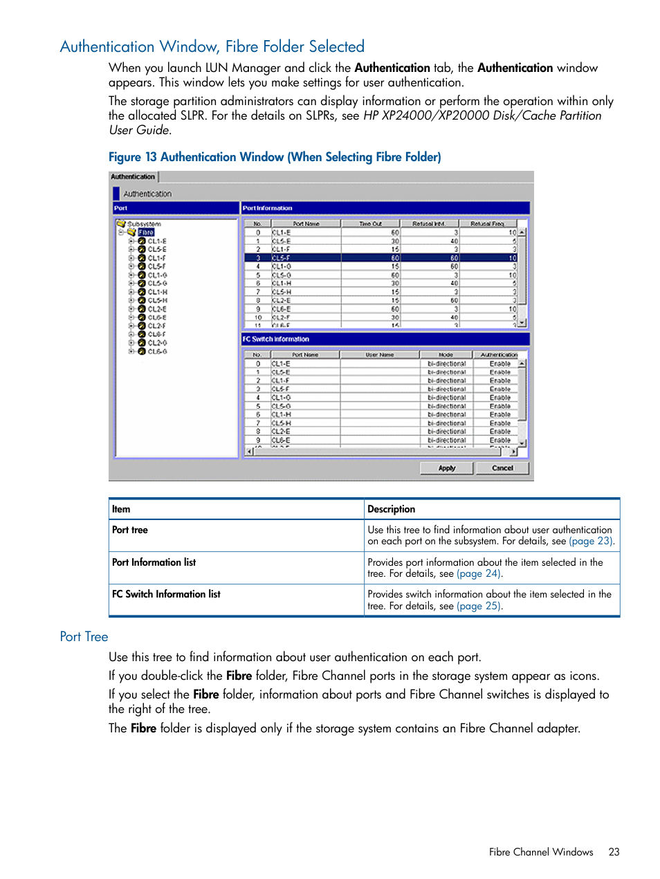 Authentication window, fibre folder selected, Port tree | HP StorageWorks XP Remote Web Console Software User Manual | Page 23 / 108