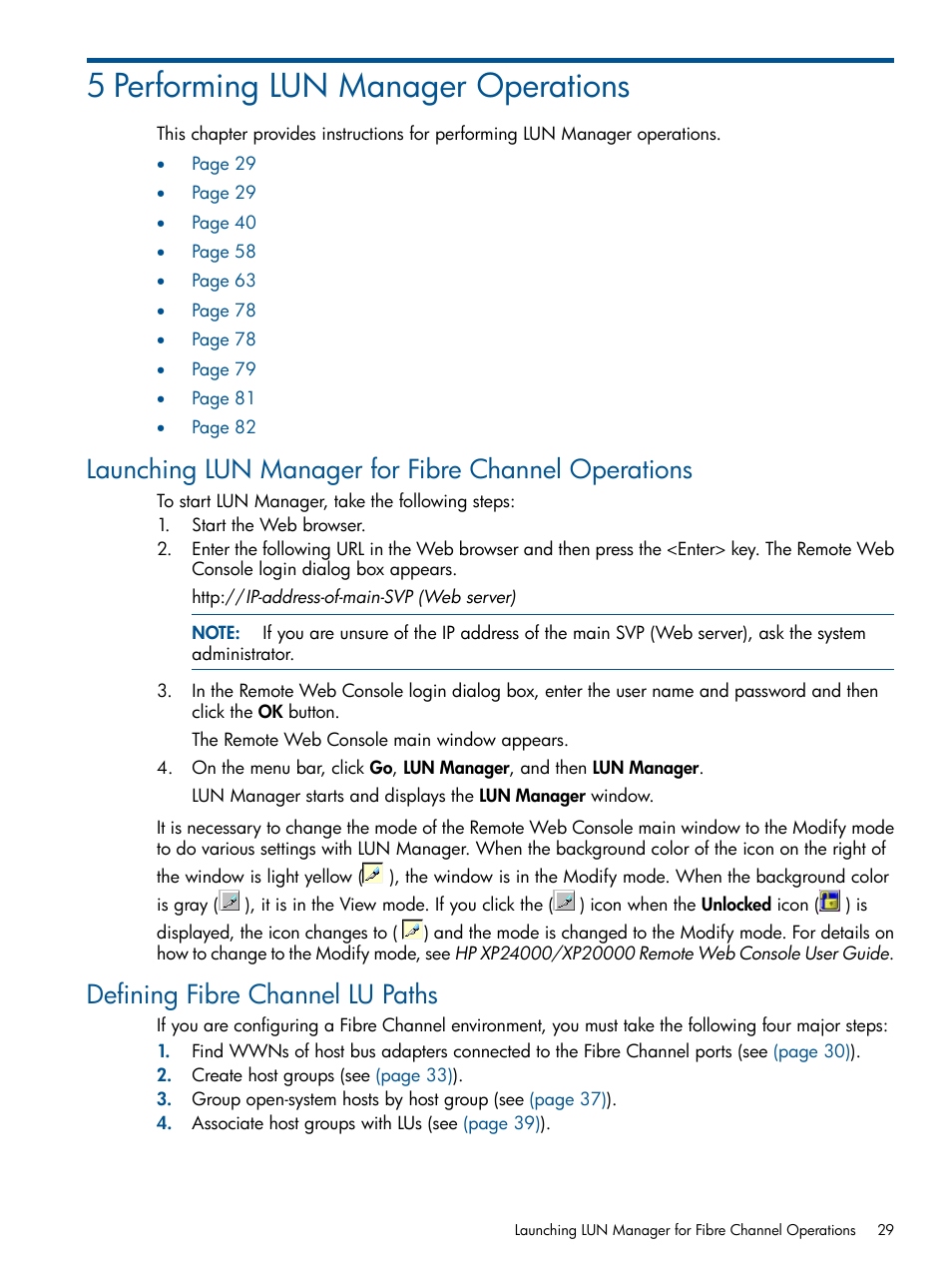 5 performing lun manager operations, Launching lun manager for fibre channel operations, Defining fibre channel lu paths | HP StorageWorks XP Remote Web Console Software User Manual | Page 29 / 108