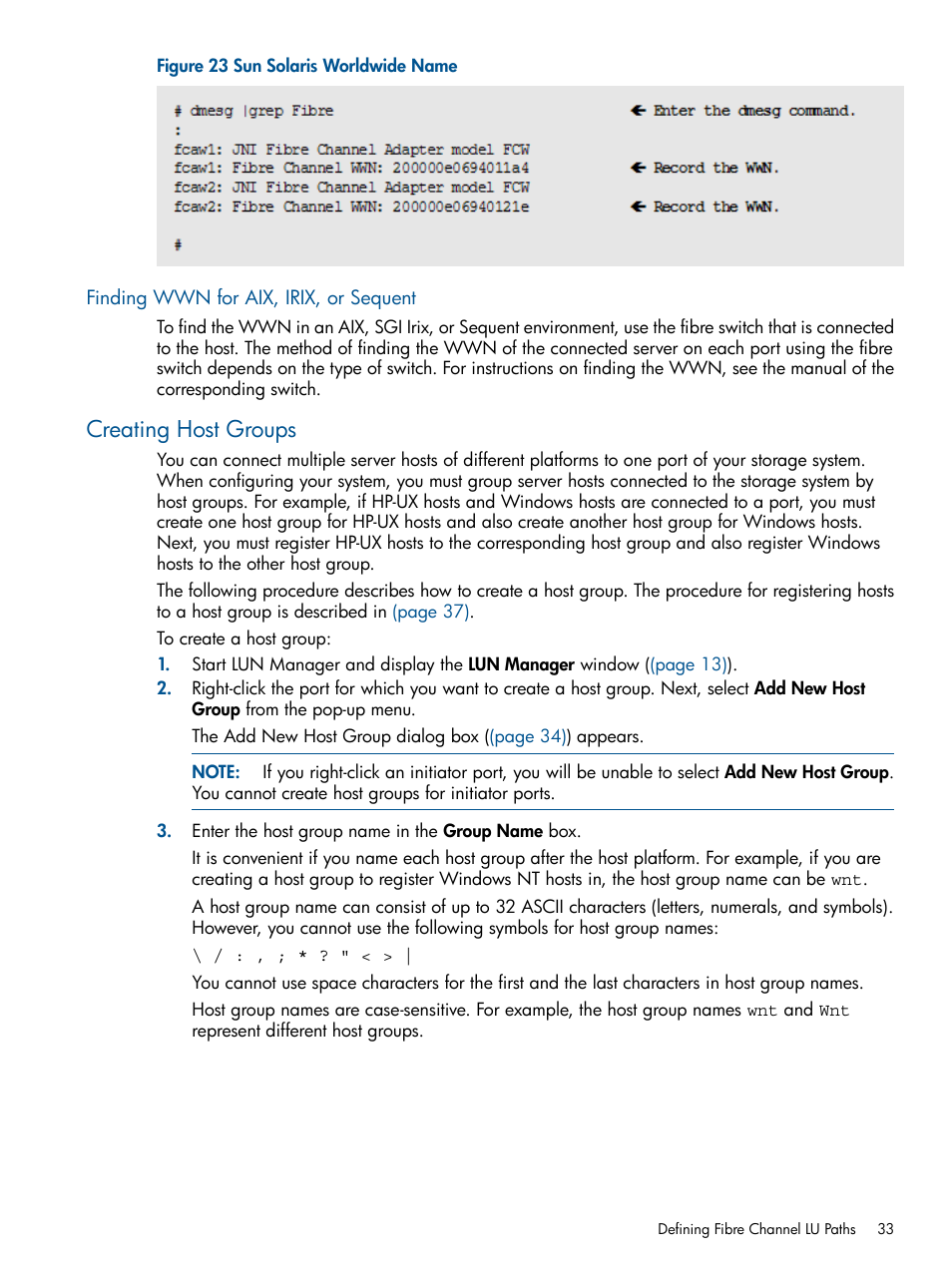 Finding wwn for aix, irix, or sequent, Creating host groups | HP StorageWorks XP Remote Web Console Software User Manual | Page 33 / 108