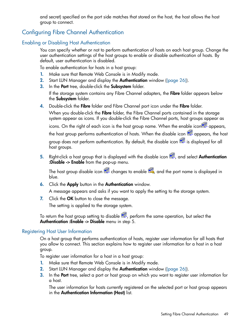 Configuring fibre channel authentication, Enabling or disabling host authentication, Registering host user information | HP StorageWorks XP Remote Web Console Software User Manual | Page 49 / 108