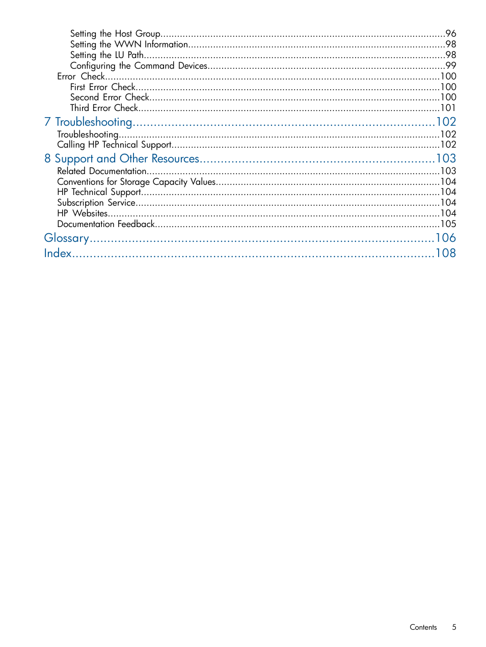 7 troubleshooting, 8 support and other resources, Glossary index | HP StorageWorks XP Remote Web Console Software User Manual | Page 5 / 108