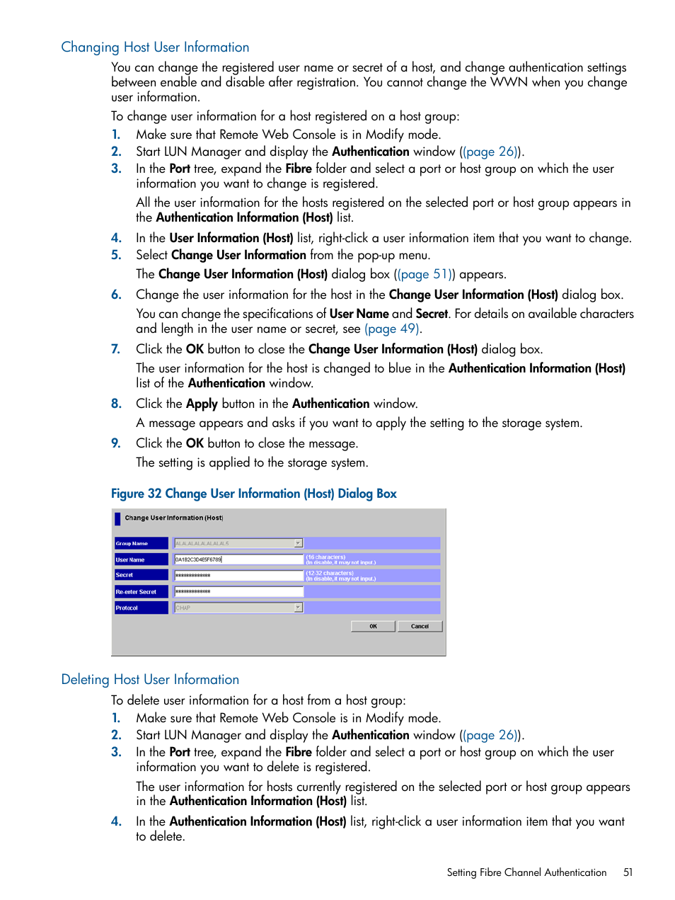 Changing host user information, Deleting host user information | HP StorageWorks XP Remote Web Console Software User Manual | Page 51 / 108