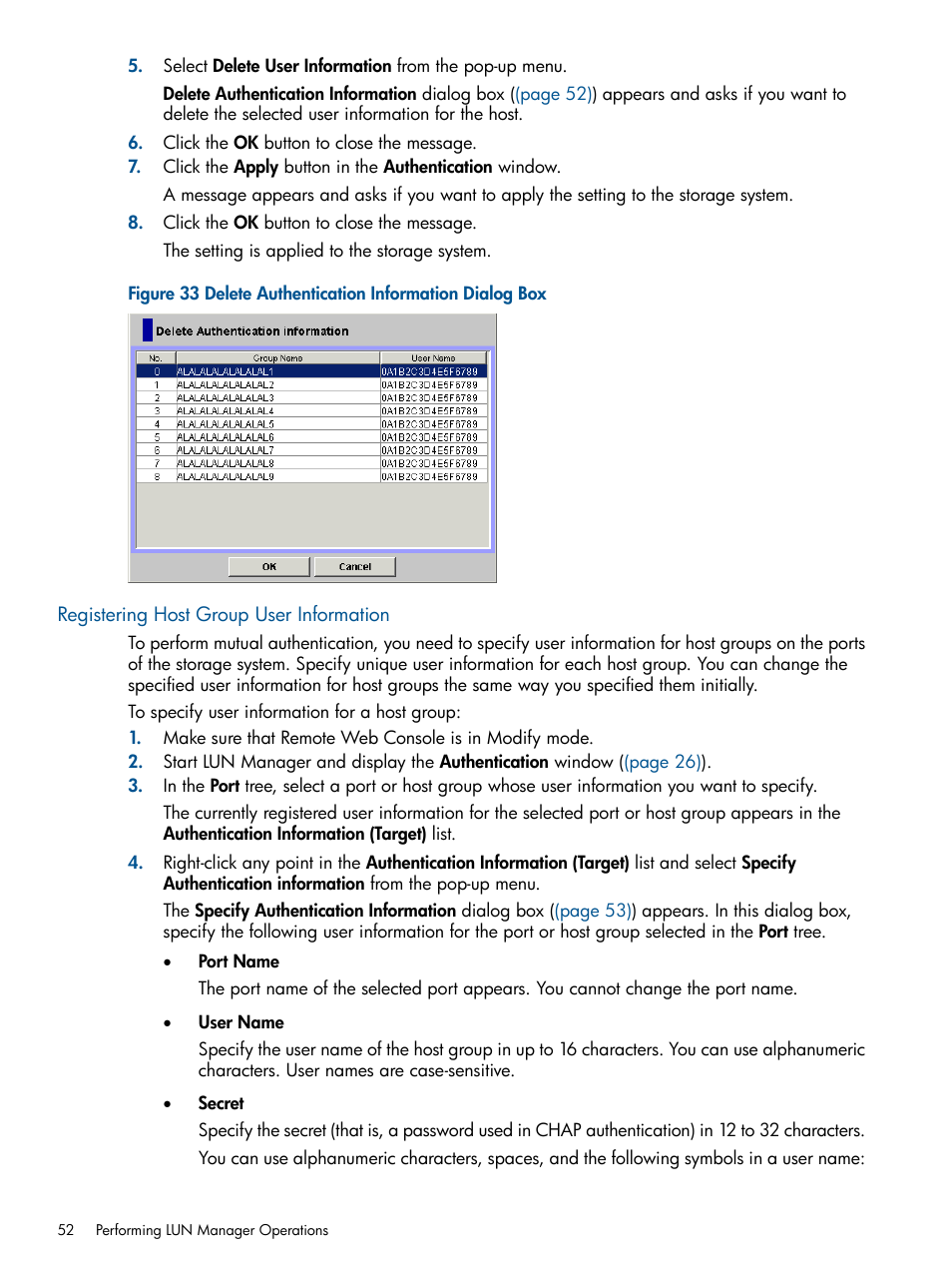 Registering host group user information | HP StorageWorks XP Remote Web Console Software User Manual | Page 52 / 108