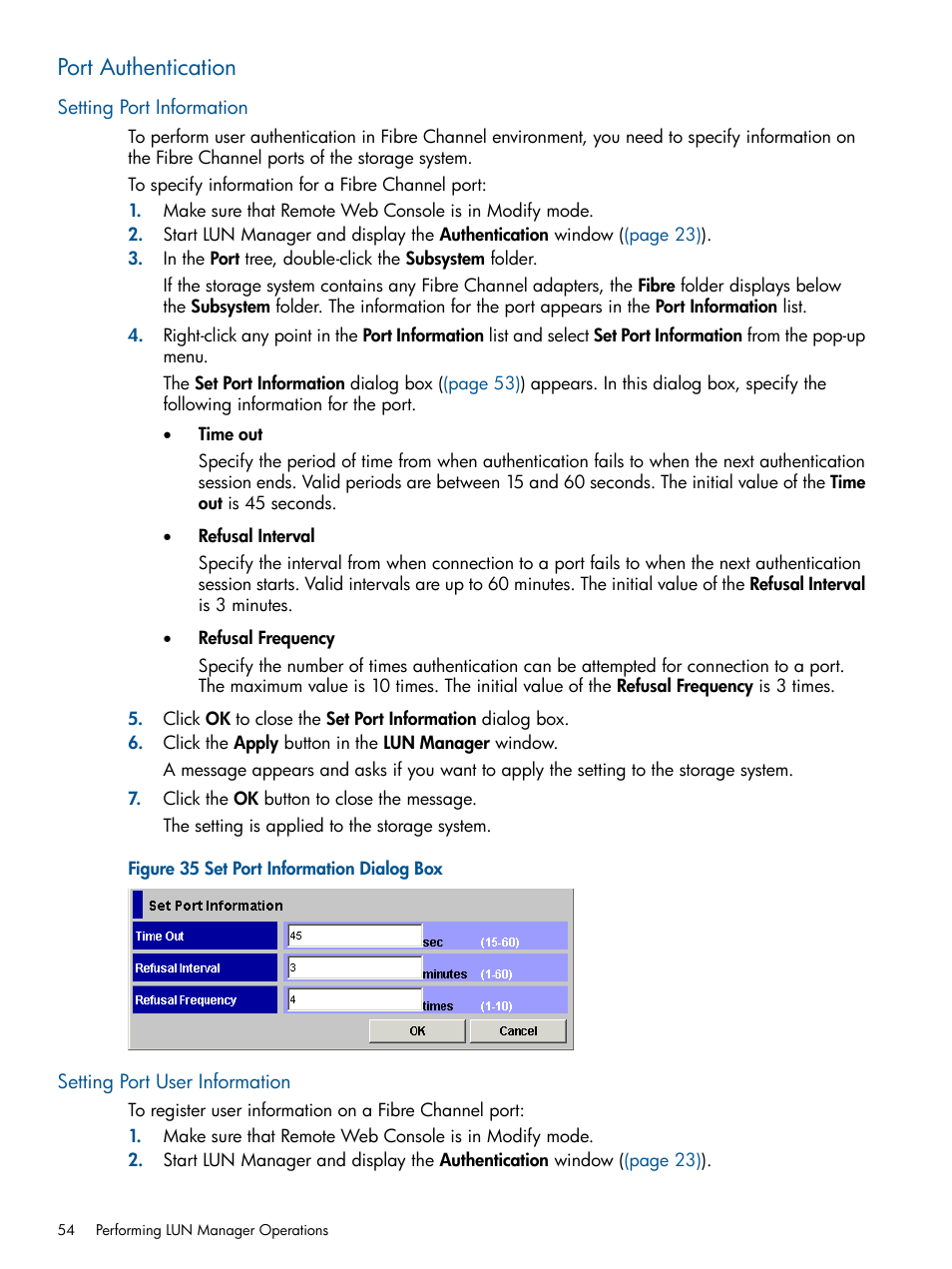 Port authentication, Setting port information, Setting port user information | HP StorageWorks XP Remote Web Console Software User Manual | Page 54 / 108