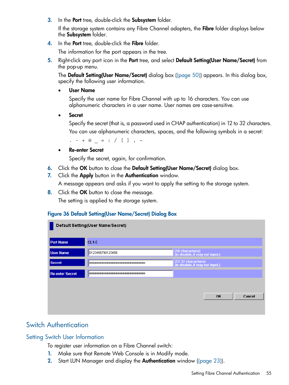 Switch authentication, Setting switch user information | HP StorageWorks XP Remote Web Console Software User Manual | Page 55 / 108