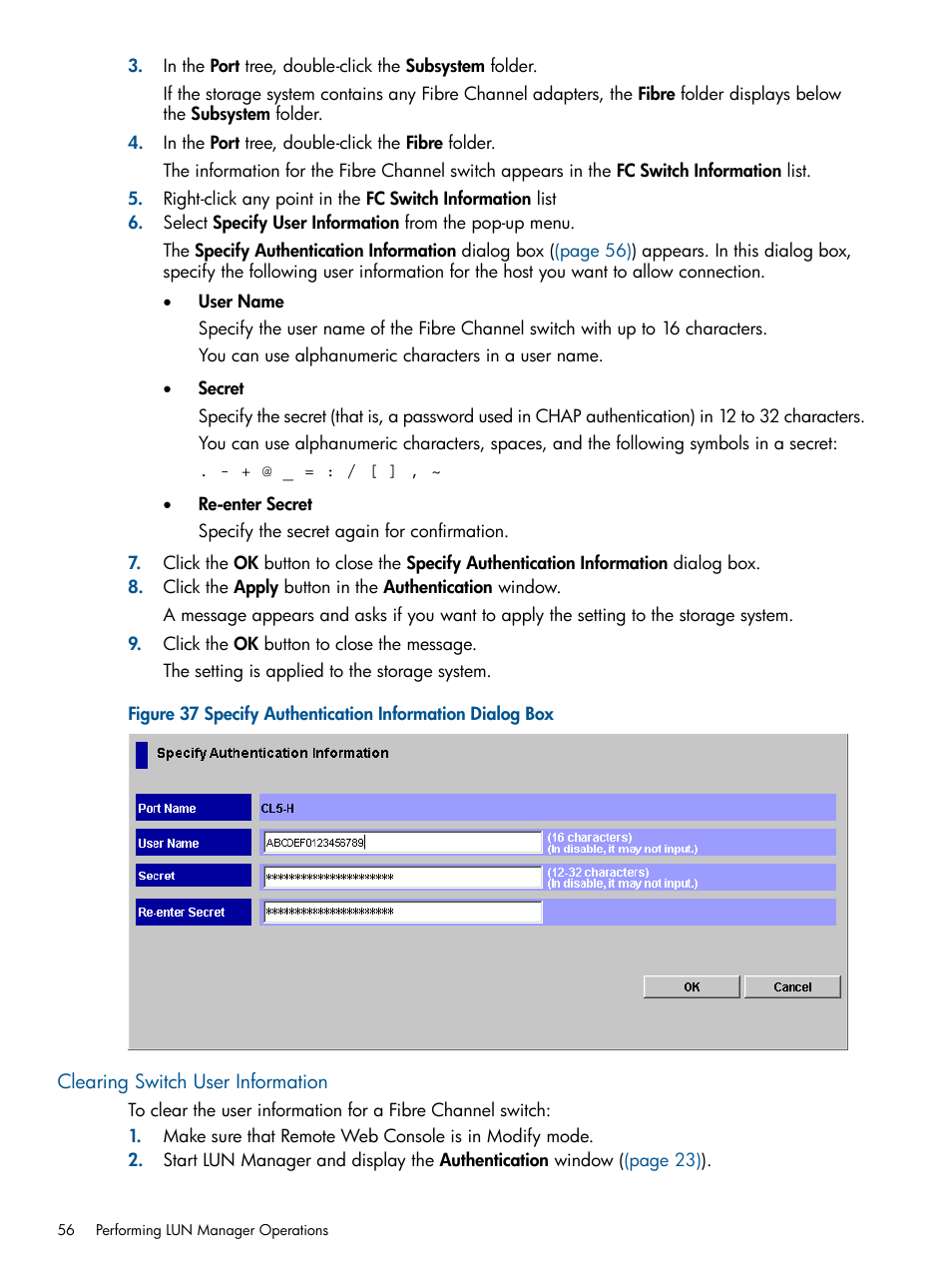 Clearing switch user information | HP StorageWorks XP Remote Web Console Software User Manual | Page 56 / 108