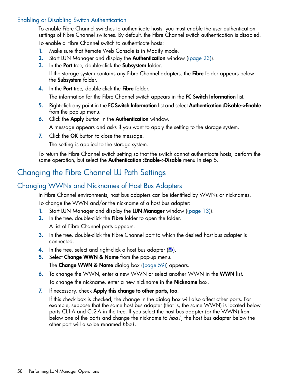 Enabling or disabling switch authentication, Changing the fibre channel lu path settings, Changing wwns and nicknames of host bus adapters | HP StorageWorks XP Remote Web Console Software User Manual | Page 58 / 108