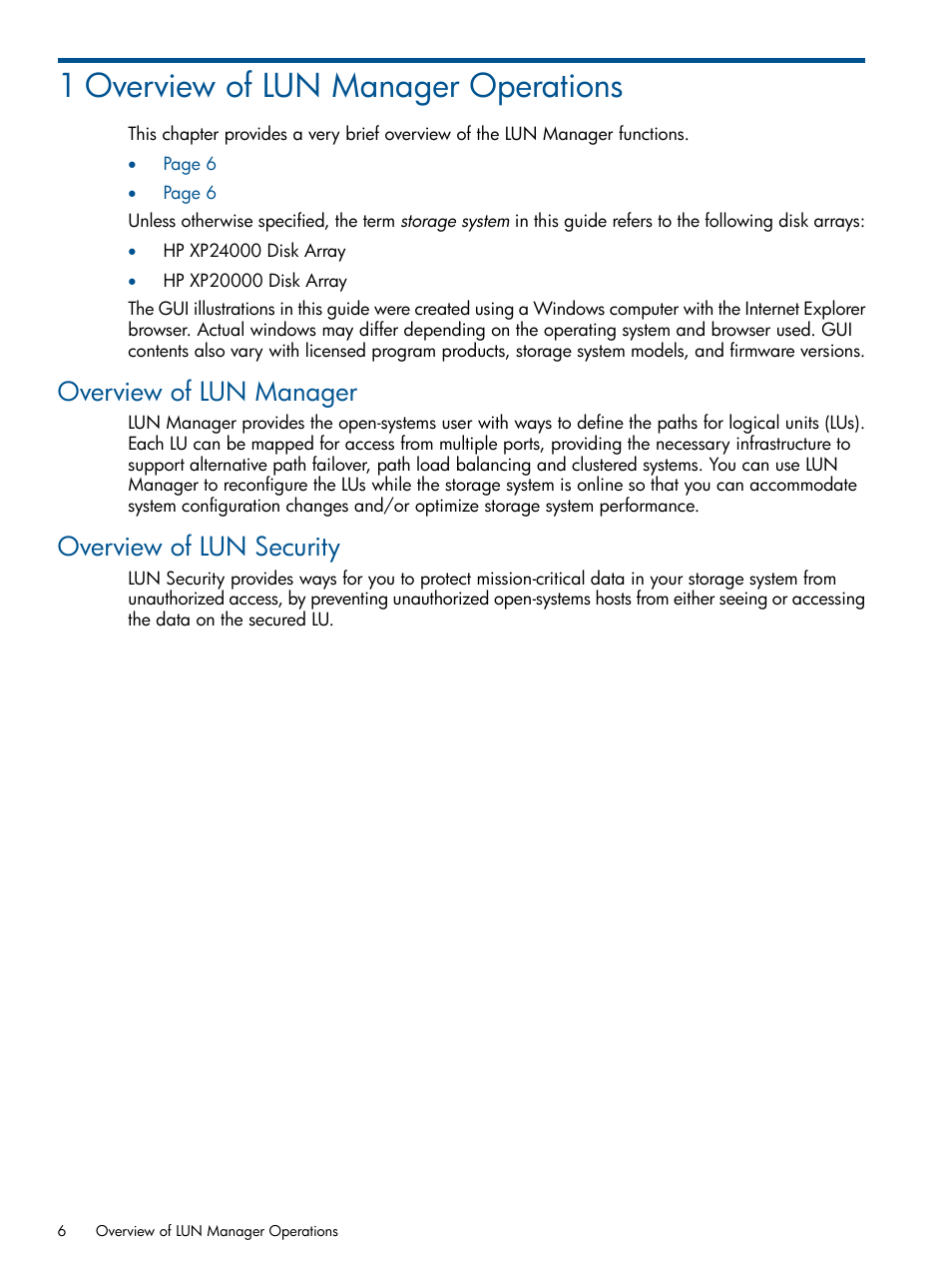 1 overview of lun manager operations, Overview of lun manager, Overview of lun security | Overview of lun manager overview of lun security | HP StorageWorks XP Remote Web Console Software User Manual | Page 6 / 108