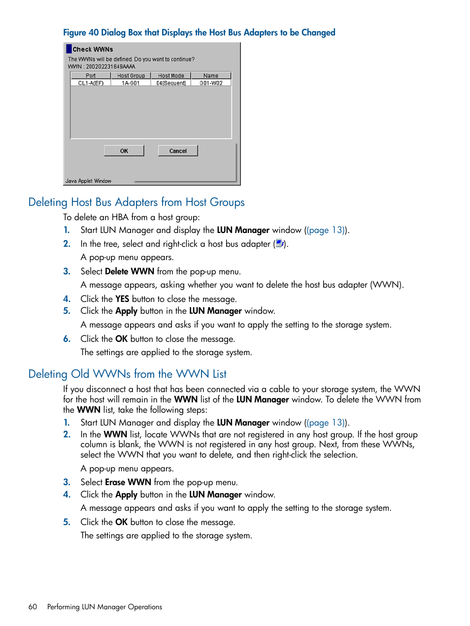 Deleting host bus adapters from host groups, Deleting old wwns from the wwn list | HP StorageWorks XP Remote Web Console Software User Manual | Page 60 / 108