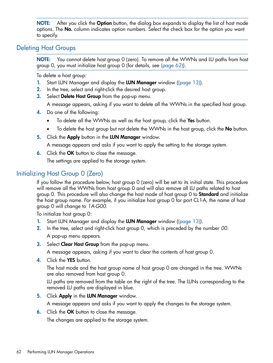 Deleting host groups, Initializing host group 0 (zero) | HP StorageWorks XP Remote Web Console Software User Manual | Page 62 / 108