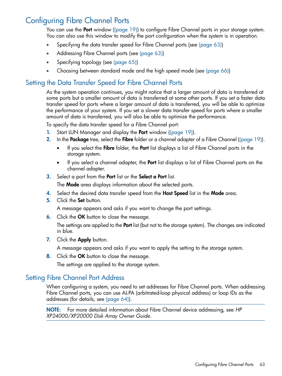 Configuring fibre channel ports, Setting fibre channel port address | HP StorageWorks XP Remote Web Console Software User Manual | Page 63 / 108