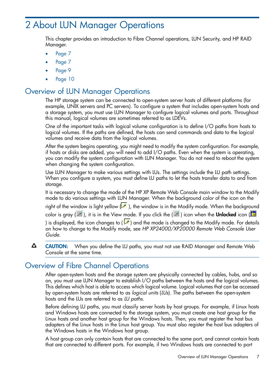 2 about lun manager operations, Overview of lun manager operations, Overview of fibre channel operations | HP StorageWorks XP Remote Web Console Software User Manual | Page 7 / 108